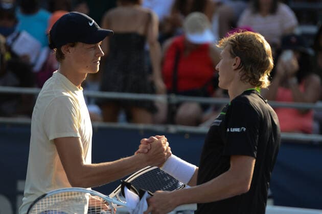 August 4, 2021, Washington, D.C, U.S: JANNIK SINNER of Italy and EMIL RUUSUVUORI of Finland at the net after their second round round match in the Citi Open tennis tournament in Washington D.C. Washington U.S. - ZUMAl132 20210804_zap_l132_015 Copyright: xChristopherxLevyx