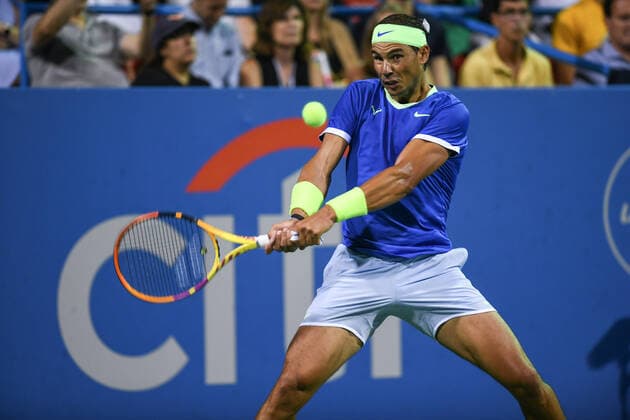 August 4, 2021, Washington, D.C, U.S: RAFAEL NADAL hits a backhand during his match against Jack Sock at the Rock Creek Tennis Center. Washington U.S. - ZUMAg196 20210804_zap_g196_040 Copyright: xKylexGustafsonx