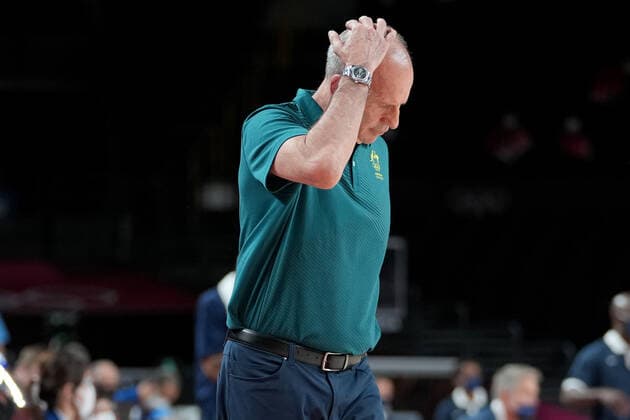 OLY21 MENS BASKETBALL AUST USA, Boomers coach Brian Goorjian reacts courtside during the Men s Semifinal Basketball match between the USA and Australia at the Saitama Super Arena during the Tokyo Olympic Games, Olympische Spiele, Olympia, OS in Tokyo, Japan Thursday, August 5, 2021. ( NO ARCHIVING, EDITORIAL USE ONLY, NO USE IN BOOKS WITHOUT CONSENT TOKYO JAPAN  Copyright: xJOExGIDDENSx 20210805001564353893