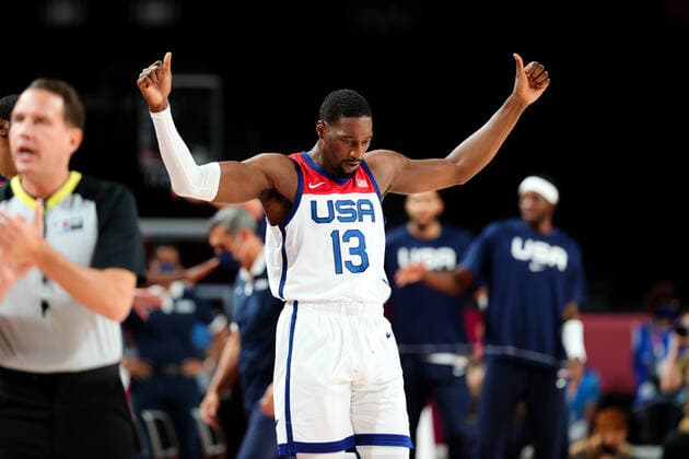 TOKYO, JAPAN - AUGUST 05: Bam Adebayo of Team United States puts his hands up during the Men s Basketball Semifinal match between USA and Australia on Day 13 of the Tokyo 2020 Olympic Games, Olympische Spiele, Olympia, OS at Saitama Super Arena on August 05, 2021 in Tokyo, Japan. (Photo by Pete Dovgan Speed Media Icon Sportswire) OLYMPICS: AUG 05 Olympics Tokyo 2020 Icon2108050030