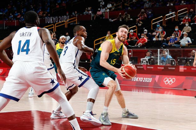 TOKYO, JAPAN - AUGUST 05: Nic Kay of Team Australia controls the ball during the Men s Basketball Semifinal match between USA and Australia on Day 13 of the Tokyo 2020 Olympic Games, Olympische Spiele, Olympia, OS at Saitama Super Arena on August 05, 2021 in Tokyo, Japan. (Photo by Pete Dovgan Speed Media Icon Sportswire) OLYMPICS: AUG 05 Olympics Tokyo 2020 Icon2108050050