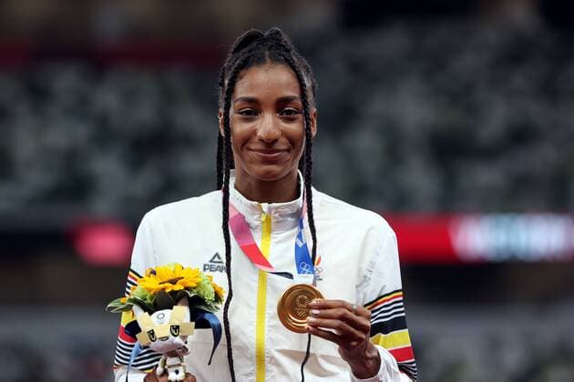 Olympic Champion Nafissatou Nafi Thiam pictured during the medal ceremony of the women s heptahlon event on day 15 of the Tokyo 2020 Olympic Games, Olympische Spiele, Olympia, OS in Tokyo, Japan on Friday 06 August 2021. The postponed 2020 Summer Olympics are taking place from 23 July to 8 August 2021. BENOITxDOPPAGNE  x3057375x