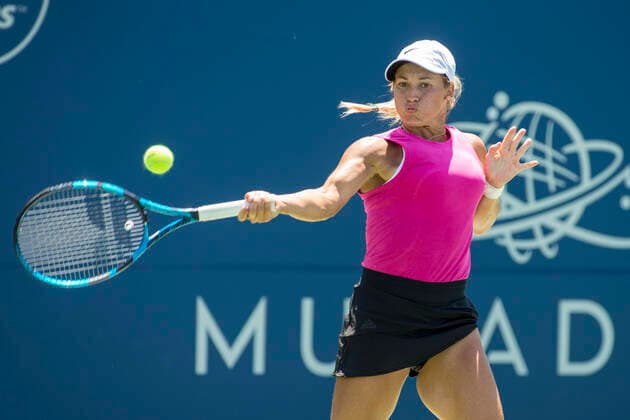 August 05, 2021: Yulia Putintseva (KAZ) defeated Ajla Tomljanovic (AUS) 36 75 63 in the second round of the Mubadala Silicon Valley Classic at San Jose State University in San Jose, California. TennisClix CSM San Jose USA - ZUMAc04_ 20210805_zaf_c04_490 Copyright: xMalxTaamx