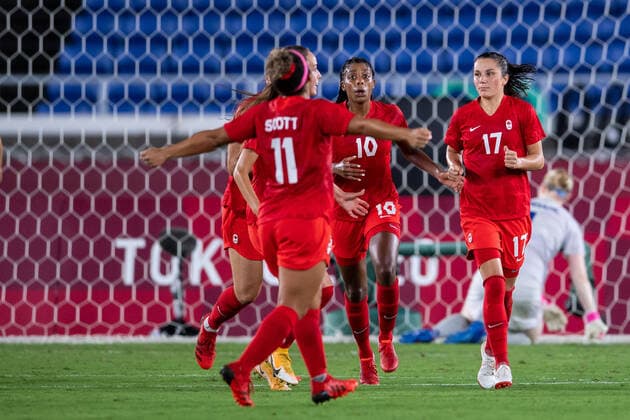 210806 Jessie Fleming of Canada celebrates 1-1 in the women?s football final during day 14 of the Tokyo 2020 Olympic Games, Olympische Spiele, Olympia, OS on August 6, 2021 in Tokyo. Photo: Carl Sandin BILDBYRAN kod CS DS0190 fotboll football soccer fotball olympic games olympics os ol olympiska spel olympiske leker tokyo2020 tokyo 2020 tokyo-os tokyo-ol bbeng sverige sweden canada kanada final jubel Copyright: CARLxSANDIN BB210806CS049
