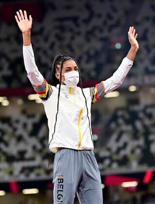 TOKYO, JAPAN - AUGUST 06 : Thiam Nafissatou (Bel) Athletics Heptathlon (Female) Gold Medal - Women s Heptathlon Podium ceremony during the Tokyo 2020 Summer Olympic Games, Olympische Spiele, Olympia, OS on August 6, 2021 in Tokyo, Japan, 06 08 2021 JO 2020 : Jeux Olympiques - JO2020 - Tokyo - 06 08 2021 PhotoNews Panoramic 