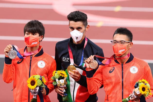 (L to R) Koki Ikeda (JPN), STANO Massimo (ITA), Toshikazu Yamanishi (JPN), AUGUST 6, 2021 - Athletics : Men s 20km Race Walk Medal Ceremony during the Tokyo 2020 Olympic Games, Olympische Spiele, Olympia, OS at the National Stadium in Tokyo, Japan. Noxthirdxpartyxsales  (166609757)