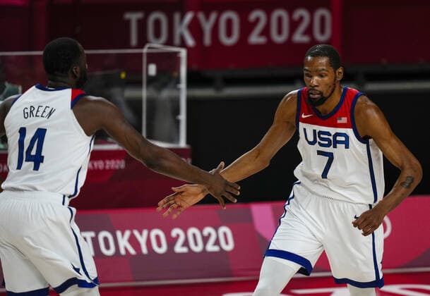 Mandatory Credit: Photo by Dave Shopland Shutterstock (12249257z) Draymond Green of the United States (USA) and Kevin Durant of the United States (USA) France v United States, Basketball, Men s final, Tokyo Olympic Games, Olympische Spiele, Olympia, OS 2020, Saitama Super Arena, Japan - 07 Aug 2021 France v United States, Basketball, Men s final, Tokyo Olympic Games 2020, Saitama Super Arena, Japan - 07 Aug 2021 Copyright: xDavexShopland Shutterstockx 12249257z