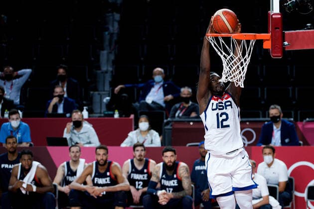 210807 Jrue Holiday of USA in the men s basketball final between France and USA match during day 15 of the Tokyo 2020 Olympic Games, Olympische Spiele, Olympia, OS on August 7, 2021 in Tokyo. Photo: Johanna Lundberg BILDBYRAN kod JL JL0162 basket basketball olympic games olympics os ol olympiska spel olympiske leker tokyo2020 tokyo 2020 tokyo-os tokyo-ol bbeng frankrike usa france Copyright: JOHANNAxLUNDBERG BB210807JL021