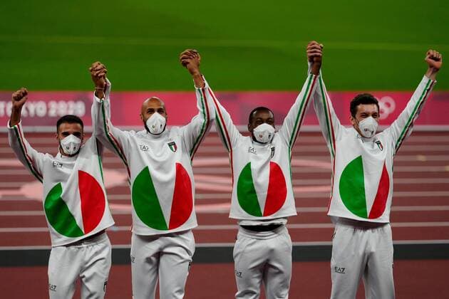 Mandatory Credit: Photo by Dave Shopland Shutterstock (12249251v) Lorenzo Patta, Lamont Marcell Jacobs, Eseosa Desalu and Filippo Tortu (ITA) - Men s 4 x 100m Relay Final Athletics, Olympic Stadium, Tokyo Olympic Games, Olympische Spiele, Olympia, OS 2020, Japan - 07 Aug 2021 Athletics, Olympic Stadium, Tokyo Olympic Games 2020, Japan - 07 Aug 2021 Copyright: xDavexShopland Shutterstockx 12249251v