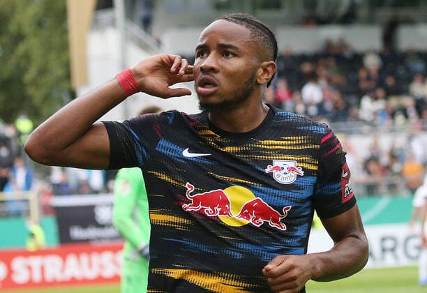 Christopher Nkunku (18, RB Leipzig) erzielt das 3:0 fuer RB Leipzig, Torjubel, Fußball, DFB-Pokal, 1. Hauptrunde, SV Sandhausen - RB Leipzig, 07.08.2021, Stadion am Hardtwald, Sandhausen, Deutschland, zmdz, ** DFB & DFL regulations prohibit any use of photographs as image sequences and or quasi-video. ** SV Sandhausen - RB Leipzig
