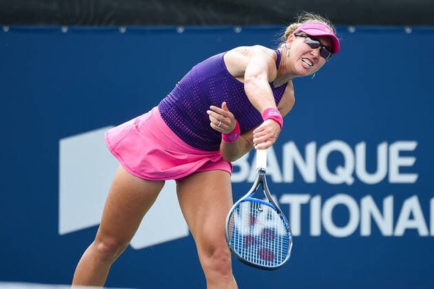 August 07, 2021: Nicole Melichar (USA) serves the ball during the WTA, Tennis Damen National Bank Open qualifying round match at IGA Stadium in Montreal, Quebec. CSM Montreal Canada - ZUMAc04_ 20210807_zaf_c04_039 Copyright: xDavidxKirouacx