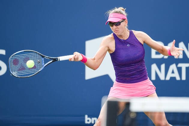 August 07, 2021: Nicole Melichar (USA) returns the ball during the WTA, Tennis Damen National Bank Open qualifying round match at IGA Stadium in Montreal, Quebec. CSM Montreal Canada - ZUMAc04_ 20210807_zaf_c04_042 Copyright: xDavidxKirouacx