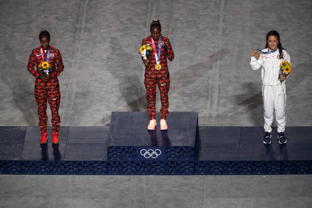 OLYMPICS - Summer Olympic Games, Olympische Spiele, Olympia, OS 2020 TOKYO,JAPAN,08.AUG.21 - OLYMPICS - Summer Olympic Games 2020, closing ceremony. Image shows the podium of the womens marathon with Brigid Kosgei (KEN), Peres Jepchirchir (KEN) and Molly Seidel (USA).  GEPAxpictures xMichaelxMeindl
