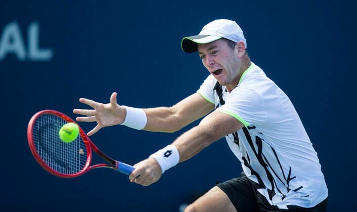 (210808) -- TORONTO, Aug. 8, 2021 -- Dominik Koepfer of Germany returns the ball against Peter Polansky of Canada during the first round of men s qualifying singles match at the 2021 National Bank Open in Toronto, Canada, on Aug. 7, 2021. (Photo by Xinhua) (SP)CANADA-TORONTO-TENNIS-NATIONAL BANK OPEN-MEN S SINGLES-QUALIFYING ZouxZheng 