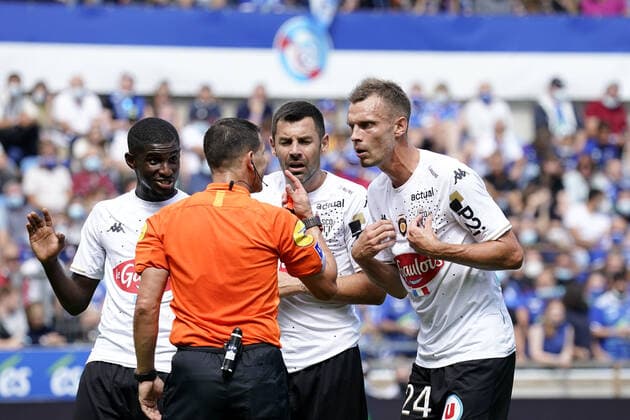 DECEPTION - 05 THOMAS MANGANI (SCO) - 24 ROMAIN THOMAS (SCO) - 21 MOHAMED ALI CHO (SCO) FOOTBALL : Strasbourg vs Angers - Ligue 1 Uber Eats - 08 08 2021 FEP Panoramic 