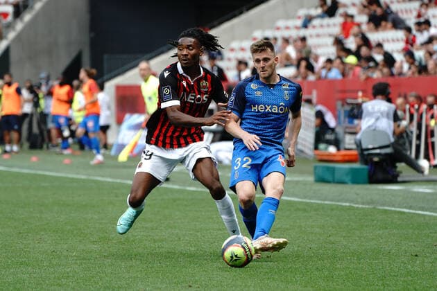 Khephren Thuram (OGC Nice) - Thomas Foket (Stade de Reims) FOOTBALL : OGC Nice vs Reims - Ligue 1 Uber Eats - Nice - 08 08 2021 NorbertScanella PanoramiC 