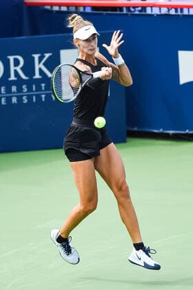 August 08, 2021: Polona Hercog (SLO) returns the ball during the WTA, Tennis Damen National Bank Open qualifying round match at IGA Stadium in Montreal, Quebec. CSM Montreal Canada - ZUMAc04_ 20210808_zaf_c04_003 Copyright: xDavidxKirouacx