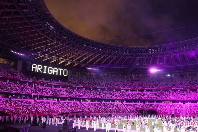 Sport Themen der Woche KW31 Sport Bilder des Tages AUGUST 8, 2021 : A sign Arigato , meaning thank you in Japanese, is displayed at the end of the Tokyo 2020 Olympic Games, Olympische Spiele, Olympia, OS Closing Ceremony at the Olympic Stadium in Tokyo, Japan. Noxthirdxpartyxsales  (166806339)
