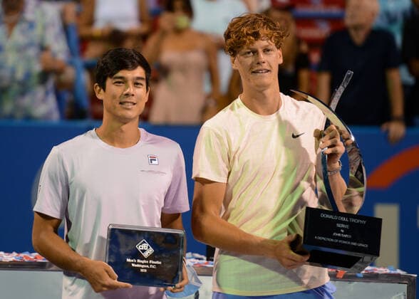 August 8, 2021, Washington, D.C, U.S: JANNIK SINNER of Italy and MACKENZIE MCDONALD of the United States with their trophies after the final of the Citi Open tennis tournament in Washington D.C. Washington U.S. - ZUMAl132 20210808_zap_l132_004 Copyright: xChristopherxLevyx