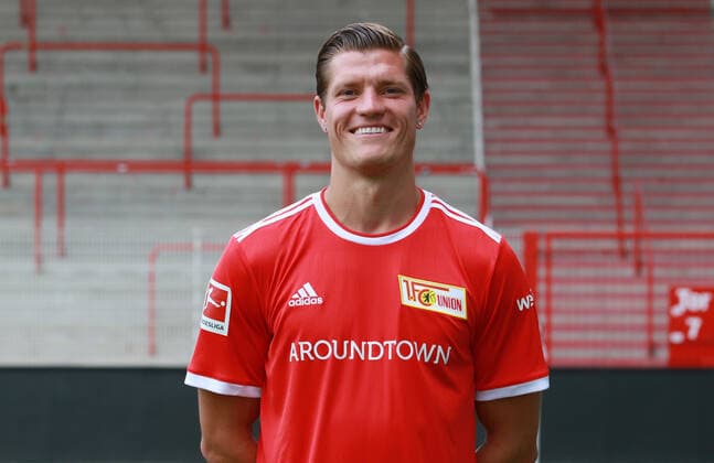 Kevin Behrens Fußball Fussball Bundesliga Herren DFL Porträttermin Saison 2021 2022 08.2021 1.FC Union Berlin FCU Kader, Vorstellung, Präsentation, Pressetermin, Portrait Porträt