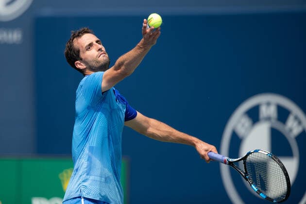 TORONTO, ON - AUGUST 09: Albert Ramos-Vinolas (ESP) serves the ball during his National Bank Open tennis tournament first round game on August 9, 2021, at Aviva Centre in Toronto, ON, Canada. (Photo by Julian Avram Icon Sportswire) TENNIS: AUG 09 National Bank Open Icon2108090012