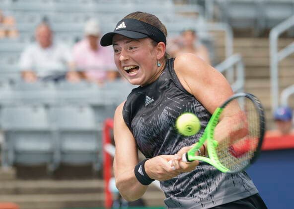 August 9, 2021, Montreal, PQ, Canada: Katerina Siniakova of the Czech Republic returns to Jelena Ostapenko of Latvia at the National Bank Open tennis tournament Monday August 9, 2021 in Montreal. Katernia Siniakova  - ZUMAc35_ 20210809_zaf_c35_041 Copyright: xPaulxChiassonx