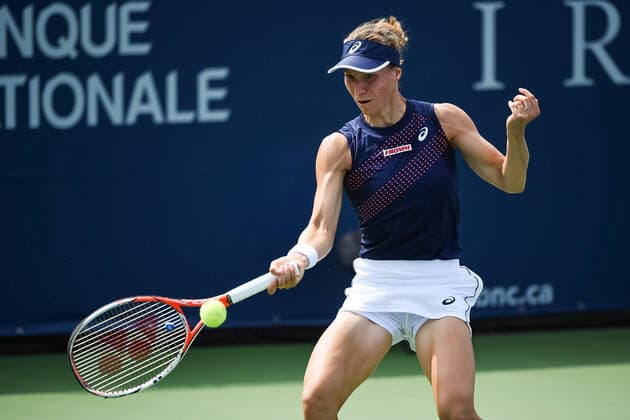 August 09, 2021: Viktorija Golubic (SUI) returns the ball during the WTA, Tennis Damen National Bank Open first round match at IGA Stadium in Montreal, Quebec. CSM Montreal Canada - ZUMAc04_ 20210809_zaf_c04_068 Copyright: xDavidxKirouacx