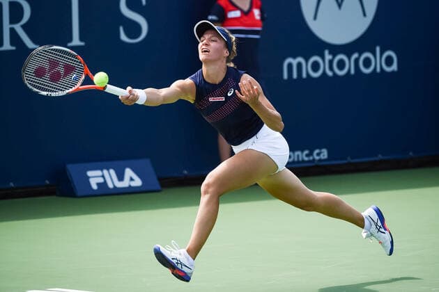 MONTREAL, QC - AUGUST 09: Viktorija Golubic (SUI) returns the ball during the first round WTA, Tennis Damen National Bank Open match on August 9, 2021 at IGA Stadium in Montreal, QC (Photo by David Kirouac Icon Sportswire) TENNIS: AUG 09 National Bank Open Icon210809034