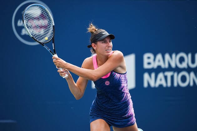 August 09, 2021: Oceane Dodin (FRA) returns the ball during the WTA, Tennis Damen National Bank Open first round match at IGA Stadium in Montreal, Quebec. CSM Montreal Canada - ZUMAc04_ 20210809_zaf_c04_103 Copyright: xDavidxKirouacx