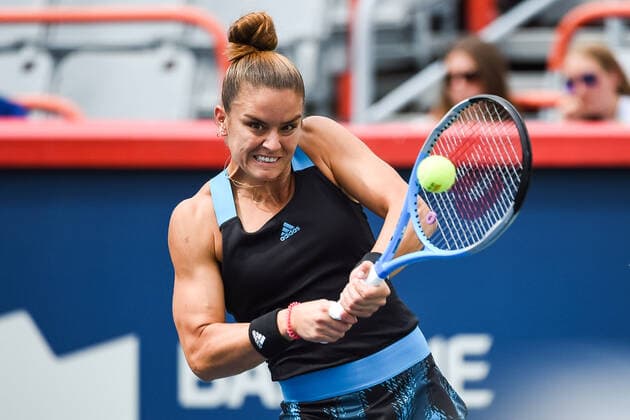 MONTREAL, QC - AUGUST 09: Maria Sakkari (GRE) returns the ballduring the first round WTA, Tennis Damen National Bank Open match on August 9, 2021 at IGA Stadium in Montreal, QC (Photo by David Kirouac Icon Sportswire) TENNIS: AUG 09 National Bank Open Icon210809072