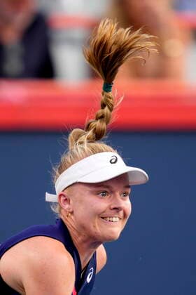 August 9, 2021, Montreal, PQ, Canada: Harriet Dart, of the United Kingdom, serves against Leylah Fernandez, of Canada, during National Bank Open women s tennis action in Montreal, Monday, Aug. 9, 2021. Canada News - August 9, 2021  - ZUMAc35_ 20210809_zaf_c35_156 Copyright: xPaulxChiassonx