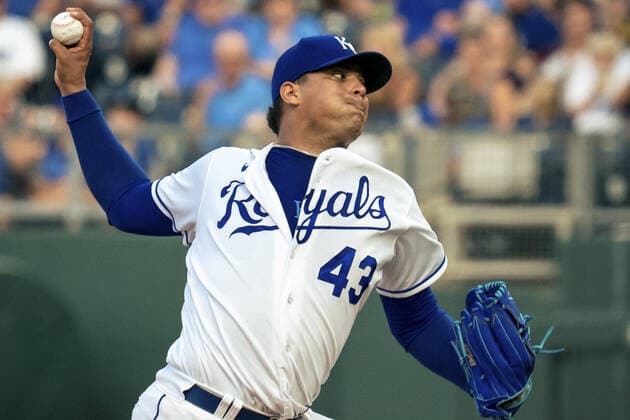 Kansas City Royals starting pitcher Carlos Hernandez (43) pitches against the New York Yankees in the first inning at Kaufman Stadium in Kansas City, Missouri on Monday, August 09, 2021.  KCP20210809110 KYLExRIVAS