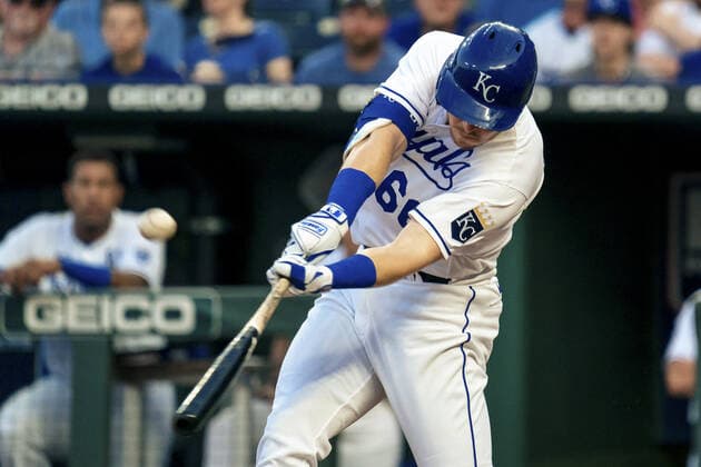 Kansas City Royals first baseman Ryan O Hearn (66) connects with a New York Yankees pitch in the second inning at Kaufman Stadium in Kansas City, Missouri on Monday, August 09, 2021.  KCP20210809112 KYLExRIVAS