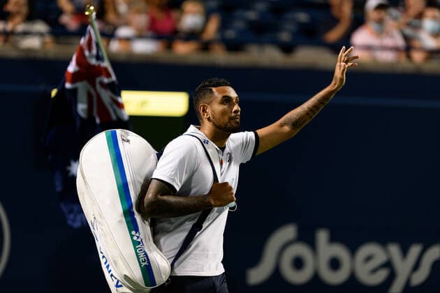 TORONTO, ON - AUGUST 09: Nick Kyrgios (AUS) waves to the crowd before his National Bank Open tennis tournament first round game on August 9, 2021, at Aviva Centre in Toronto, ON, Canada. (Photo by Julian Avram Icon Sportswire) TENNIS: AUG 09 National Bank Open Icon2108091925