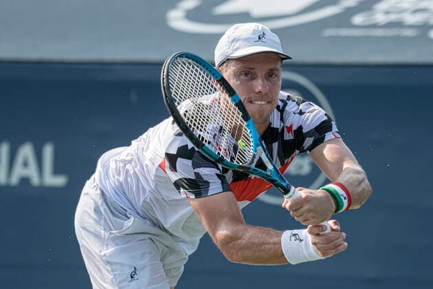 August 9, 2021, Toronto, on, Canada: AustraliaÃ¢â‚¬â ¢s James Duckworth returns a ball from the United States Taylor Fritz during National Bank Open men s tennis action, in Toronto, Monday, Aug. 9, 2021. Canada News - August 9, 2021  - ZUMAc35_ 20210809_zaf_c35_183 Copyright: xChristopherxKatsarovx