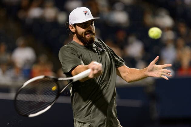 TORONTO, ON - AUGUST 09: Reilly Opelka (USA) returns the ball during his National Bank Open tennis tournament first round game on August 9, 2021, at Aviva Centre in Toronto, ON, Canada. (Photo by Julian Avram Icon Sportswire) TENNIS: AUG 09 National Bank Open Icon2108091940