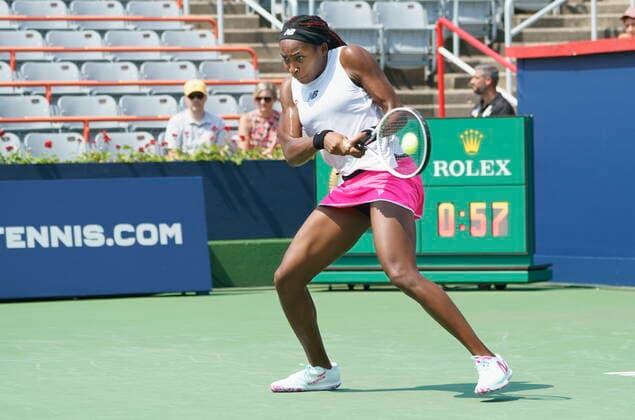August 10, 2021, Montreal, PQ, Canada: Coco Gauff of the United States returns to Anastasija Sevastova of Latvia during first round of play at the National Bank Open tennis tournament Tuesday August 10, 2021 in Montreal. Cori Gauff  - ZUMAc35_ 20210810_zaf_c35_010 Copyright: xPaulxChiassonx