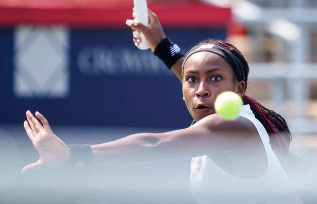 August 10, 2021, Montreal, PQ, Canada: Coco Gauff of the United States goes up to the net to return to Anastasija Sevastova of Latvia during first round of play at the National Bank Open tennis tournament Tuesday August 10, 2021 in Montreal. Cori Gauff  - ZUMAc35_ 20210810_zaf_c35_008 Copyright: xPaulxChiassonx