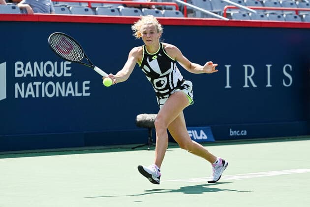 MONTREAL, QC - AUGUST 10: Katerina Siniakova (CZE) returns the ball during the second round WTA, Tennis Damen National Bank Open match on August 10, 2021 at IGA Stadium in Montreal, QC (Photo by David Kirouac Icon Sportswire) TENNIS: AUG 10 National Bank Open Icon210810051