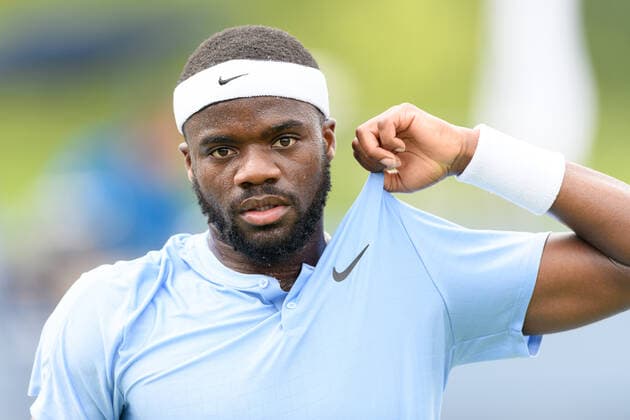 TORONTO, ON - AUGUST 10: Frances Tiafoe (USA) reacts during his National Bank Open tennis tournament first round game on August 10, 2021, at Aviva Centre in Toronto, ON, Canada. (Photo by Julian Avram Icon Sportswire) TENNIS: AUG 10 National Bank Open Icon2108100704