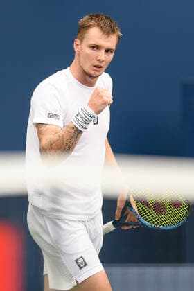 TORONTO, ON - AUGUST 10: Alexander Bublik (KAZ) celebrates after winning the first set during his National Bank Open tennis tournament second round game on August 10, 2021, at Aviva Centre in Toronto, ON, Canada. (Photo by Julian Avram Icon Sportswire) TENNIS: AUG 10 National Bank Open Icon2108101627