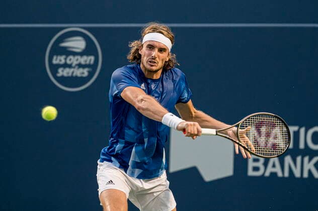 August 10, 2021, Toronto, on, Canada: GreeceÃ¢â‚¬â ¢s Stefanos Tsitsipas returns the ball to FranceÃ¢â‚¬â ¢s Ugo Humbert during National Bank Open men s tennis action, in Toronto, Tuesday, Aug. 10, 2021. Canada News - August 10, 2021  - ZUMAc35_ 20210810_zaf_c35_170 Copyright: xChristopherxKatsarovx