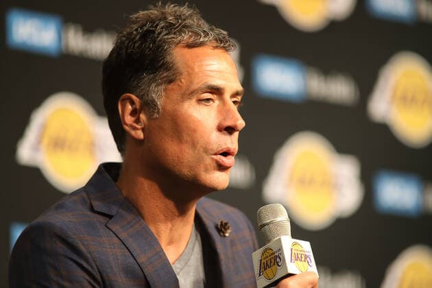 LOS ANGELES, CA - AUGUST 10: Los Angeles Lakers General Manager Rob Pelinka during the Los Angeles Lakers Introductory press conference, PK, Pressekonferenz for Russell Westbrook on August 10, 2021, at Staples Center in Los Angeles, CA. (Photo by Jevone Moore Icon Sportswire) NBA, Basketball Herren, USA AUG 10 Russell Westbrook Introduced as a Los Angeles Laker Icon21081015
