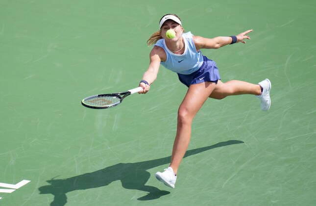 August 11, 2021, Montreal, PQ, Canada: Paula Badosa, of Spain, reaches as she returns to Canada s Rebecca Marino during second round National Bank Open women s tennis tournament action, in Montreal, Wednesday, Aug. 11, 2021. Paula Badosa - ZUMAc35_ 20210811_zaf_c35_012 Copyright: xPaulxChiassonx