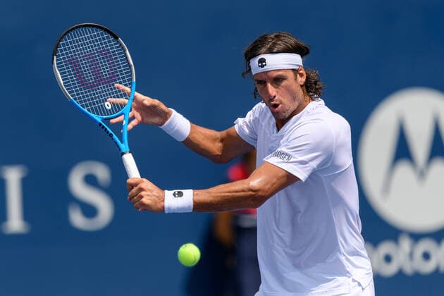 TORONTO, ON - AUGUST 11: Feliciano Lopez (ESP) returns the ball during his National Bank Open tennis tournament second round game on August 11, 2021, at Aviva Centre in Toronto, ON, Canada. (Photo by Julian Avram Icon Sportswire) TENNIS: AUG 11 National Bank Open Icon2108110025