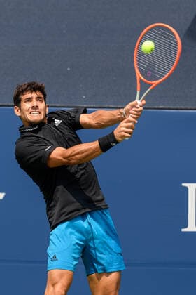 TORONTO, ON - AUGUST 11: Cristian Garin (CHI) returns the ball during his National Bank Open tennis tournament second round game on August 11, 2021, at Aviva Centre in Toronto, ON, Canada. (Photo by Julian Avram Icon Sportswire) TENNIS: AUG 11 National Bank Open Icon2108110043