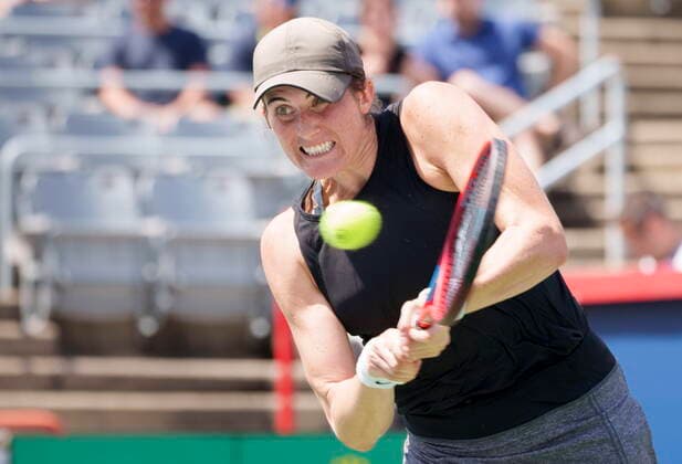 August 11, 2021, Montreal, PQ, Canada: Canada s Rebecca Marino returns to Paula Badosa, of Spain, during second round National Bank Open women s tennis tournament action, in Montreal, Wednesday, Aug. 11, 2021. Rebecca Marino - ZUMAc35_ 20210811_zaf_c35_060 Copyright: xPaulxChiassonx