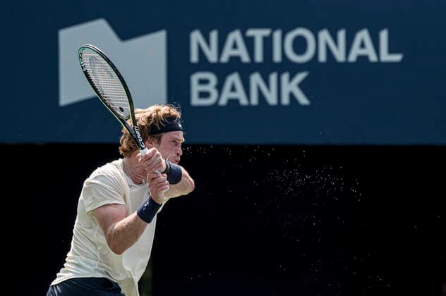 August 11, 2021, Toronto, on, Canada: RussiaÃ¢â‚¬â ¢s Andrey Rublev returns the ball to ItalyÃ¢â‚¬â ¢s Fabio Fognini during MenÃ¢â‚¬â ¢s National Bank Open tennis action in Toronto, Wednesday, Aug. 11, 2021. Canada News - August 11, 2021  - ZUMAc35_ 20210811_zaf_c35_078 Copyright: xChristopherxKatsarovx