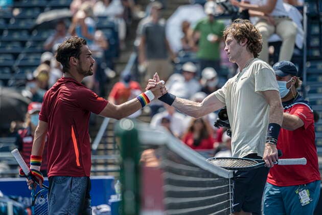 August 11, 2021, Toronto, on, Canada: ItalyÃ¢â‚¬â ¢s Fabio Fognini congratulates RussiaÃ¢â‚¬â ¢s Andrey Rublev following their MenÃ¢â‚¬â ¢s National Bank Open tennis match, in Toronto, Wednesday, Aug. 11, 2021. Canada News - August 11, 2021  - ZUMAc35_ 20210811_zaf_c35_082 Copyright: xChristopherxKatsarovx