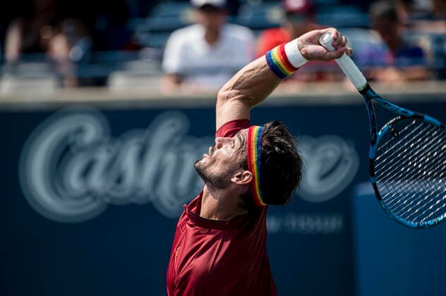 August 11, 2021, Toronto, on, Canada: ItalyÃ¢â‚¬â ¢s Fabio Fognini serves the ball to RussiaÃ¢â‚¬â ¢s Andrey Rublev during MenÃ¢â‚¬â ¢s National Bank Open tennis action in Toronto, Wednesday, Aug. 11, 2021. Canada News - August 11, 2021  - ZUMAc35_ 20210811_zaf_c35_095 Copyright: xChristopherxKatsarovx
